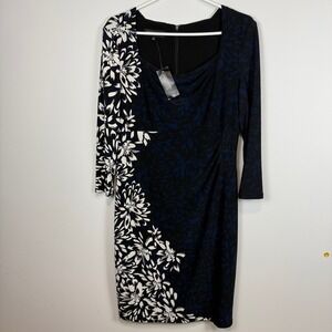 Jones New York Dress Womens 10 Blue Black White Floral Cowl Neck Sheath NWT